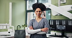 Woman, dentist and happy with arms crossed on portrait with pride or confidence for career growth in Brazil. Female person, doctor and smile for dentistry or health with oral care and teeth removal