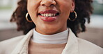 Woman, mouth and happy at dentist for oral care with satisfaction for teeth whitening. Female person, patient and closeup at clinic with root canal procedure for gum health, treatment and hygiene