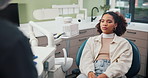 Dental, chair and girl in office for cleaning, cavity and gum disease in consultation for help. Start, waiting or client with woman for teeth whitening, oral care or treatment for mouth procedure