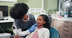 Dental, mirror and child with dentist for toothache, cavity or gum disease in consultation. Help, check or client with woman for teeth whitening, oral care cleaning or treatment for mouth procedure