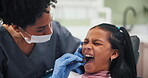 Pain, tools or child with dentist for tooth extraction, cavity or gum disease in consultation. Help, tools or girl with woman for teeth whitening, oral care cleaning or treatment for mouth procedure