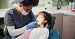 Light, check or kid with dentist for tooth extraction, cavity or gum disease in consultation. Dental, help or girl with woman for teeth whitening, oral care or cleaning treatment in mouth procedure