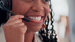 Black woman, face and talking in call center for telemarketing, customer service and FAQ in office. Agent, mouth or headset at help desk for friendly advice, consulting or technical support with tech