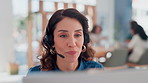 Woman, contact and talking in call center for customer support, telemarketing and FAQ in office. Agent, explain and headset at help desk for friendly guide, consulting or technical advice with tech