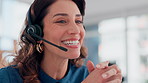 Woman, face and talking in call center for customer support, telemarketing and FAQ in office. Mature agent, thinking and headset at help desk for service, consulting and technical advice with tech