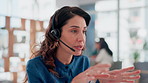 Woman, contact and talking in call center for customer service, telemarketing and FAQ in office. Agent, explain and headset at help desk for friendly advice, consulting or technical support with tech