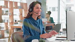 Woman, contact and talking in call center for telemarketing, customer service and FAQ in office. Mature agent, smile and headset at help desk for advice, consulting and technical support with tech