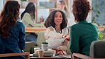 Meeting, women and consultant shaking hands in office for deal, agreement or application for startup funding. Handshake, insurance agent and business people at agency with contract for financial loan