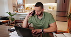 Man, phone call and laptop with paperwork in home for loan consult, financial bills and statement update. Customer, documents and query with technology for online banking, invoice and account payment