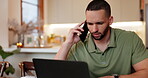 Man, phone call and laptop with discussion in home for loan invoice, financial bills and statement update. Customer, communication and query with tech for online banking, consult and account payment