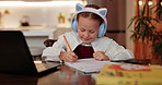 Headphones, drawing and kid in home school for education, distance learning or studying. Art, girl and student listening to music for virtual lesson, online class or color paper for creative homework