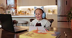 Headphones, laptop and child on video call for elearning, distance education or home school. Computer, girl and student on webinar for virtual lesson, art class or online chat for creative homework