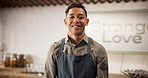 Face, man and happy waiter at cafe for professional service, welcome and laugh in hospitality industry. Smile, barista and portrait of small business owner and entrepreneur in coffee shop in Mexico