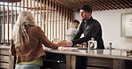 Man, bartender and work as staff for cocktail in bar, cafe or restaurant as small business. Male person, woman and happiness for drinks order, customer service or retail in hotel as waiter or manager