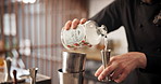 Hands, gin shot and bartender at restaurant with cocktail for service, hospitality or catering. Alcohol, waiter and mixologist prepare drink for order at social lounge, club or pub for happy hour.