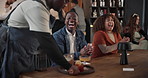 Hands, waiter and tray for drinks service, catering and celebrate new year party at pub. Glasses, cocktail and bartender serving customers, people or excited couple clapping for order on happy hour