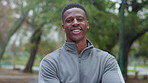 Black man, fitness and park with face and arms crossed from health, wellness and workout confidence. Path, nature and portrait with outdoor and proud of exercise with athlete and break from training