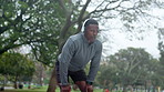 Breathe, fitness and black man in park tired for marathon training, exercise and workout. Sports, headphones and person for rest, recovery and fatigue for challenge, endurance and running for health