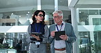 Administration, man and woman in hospital with paperwork, tablet or planning schedule together in lobby. Collaboration, clinic director and health insurance agent with digital app for medical funding