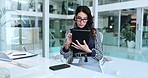 Office, administration and woman in hospital with tablet, health report and planning online schedule. Healthcare, medical director or consultant at desk checking digital app for clinic management 