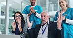 Laptop, people or applause in hospital for healthcare, achievement or funding opportunity in video call. Medical team, excited or clap in conference room for innovation, good news or government grant