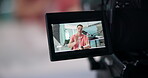 Camera screen, live stream and presenter with man in broadcasting office for info, news or reporting. Display, recording and video with reporter at desk for announcement or coverage on television