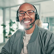 Black man, call centre and headset for consulting face, technical ...