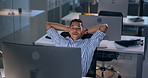 Rest, computer and businessman in office at night with completed finance project deadline. Relax, technology and financial advisor with arms behind head for investment report with profit for client.