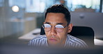 Computer, glasses and businessman in office with deadline for financial report with international client. Finance, reading and male actuary with investment revenue analysis for budget planning.