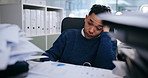 Tired, businessman and yawn with documents in office for investment, statistics and finance deadline. Overwhelmed, broker and frustrated with paperwork for stock market report, anxiety and burnout