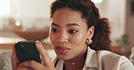 Wow, news and phone with woman on sofa for social media, dating profile update and chat post. Network, technology and relax with person in living room at home for search, blog and mobile app