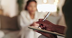 Psychologist, patient and hands writing in consultation with medical report and screening for mental health diagnosis. Counseling, person and doctor with notebook for healthcare analysis or listening