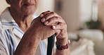 Elderly, hands and support on walking stick for balance in retirement with recovery or rehabilitation. Senior, person with disability or cane for alzheimers in nursing home with healthcare assistance