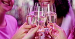 Women, champagne and toast with party, celebration and get together for bachelorette event. Excited, friends and smile with love, support and happy for wedding and future commitment with group wine