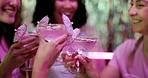 Friends, cocktails and toast with party, celebration and get together for bachelorette event. Excited, women and smile with love, support and happy for wedding and future commitment with group drink