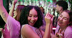 Bachelorette party, dance or music with bride and women in nightclub together for celebration. Energy, evening and smile with group of happy group of friends at social event for entertainment or fun