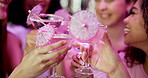 Friends, alcohol and toast with party, celebration and get together for bachelorette event. Excited, women and smile with love, support and happy for wedding and future commitment with cocktail group