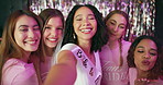 Women, bride and face with party selfie, celebration and get together for bachelorette event. Excited, friends and smile with love, support and happy for wedding and future commitment with group hug