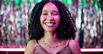 Face, laughing and African woman at party, disco or nightclub for festive new year celebration. Portrait, happy girl and social event for relax, funny or holiday with sparkle background in Mauritius