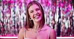 Face, smile and woman at party, disco or nightclub for festive new year celebration. Portrait, happy girl or social event for relax, leisure or holiday with streamers on background at rave in Germany