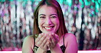 Face, glitter and woman with energy, blowing and excited with aesthetic, party and surprise in club. Portrait, happy person and girl with glamour, elegant and winning with event, omg and celebration