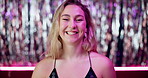 Face, happy and woman at party, disco or nightclub for festive new year celebration. Portrait, girl or smile at social event for relax, laugh or holiday at rave with streamers on background in Canada