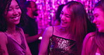 Friends, women and happy with dancing at nightclub for disco event, laughing and fun together. Group, people and circle with energy, bonding and celebration with entertainment and social gathering