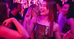 Friends, women and laughing with dancing at nightclub for disco event, happy and fun together. Group, people and dancefloor with energy, bonding and celebration with entertainment or social gathering