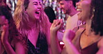 Friends, girls and laughing with dancing at nightclub for disco event, happy and fun together. Group, people and dancer with energy, bonding and celebration with entertainment and social gathering