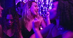 Friends, women and singing with dancing at nightclub for disco event, laughing and fun together. Group, people and dancer with energy, bonding and celebration with entertainment and social gathering