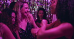 Friends, people and laughing with dancing at nightclub for disco event, happy and fun together. Group, women and dancer with energy, bonding and celebration with entertainment and social gathering