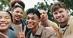 Friends, students or outdoor for selfie with peace sign, goofy expression or happy on campus. People, excited or portrait for photograph for school memory, social media update or diversity in college