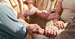 Support, hands together and team building in synergy or huddle for university education or study. Group of people, connection and collaboration as students for community, motivation or project in USA