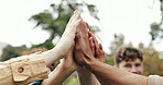 High five, hands together and teamwork in synergy or huddle for university education or study. Group of people, connection and collaboration with students for community, motivation and project in usa